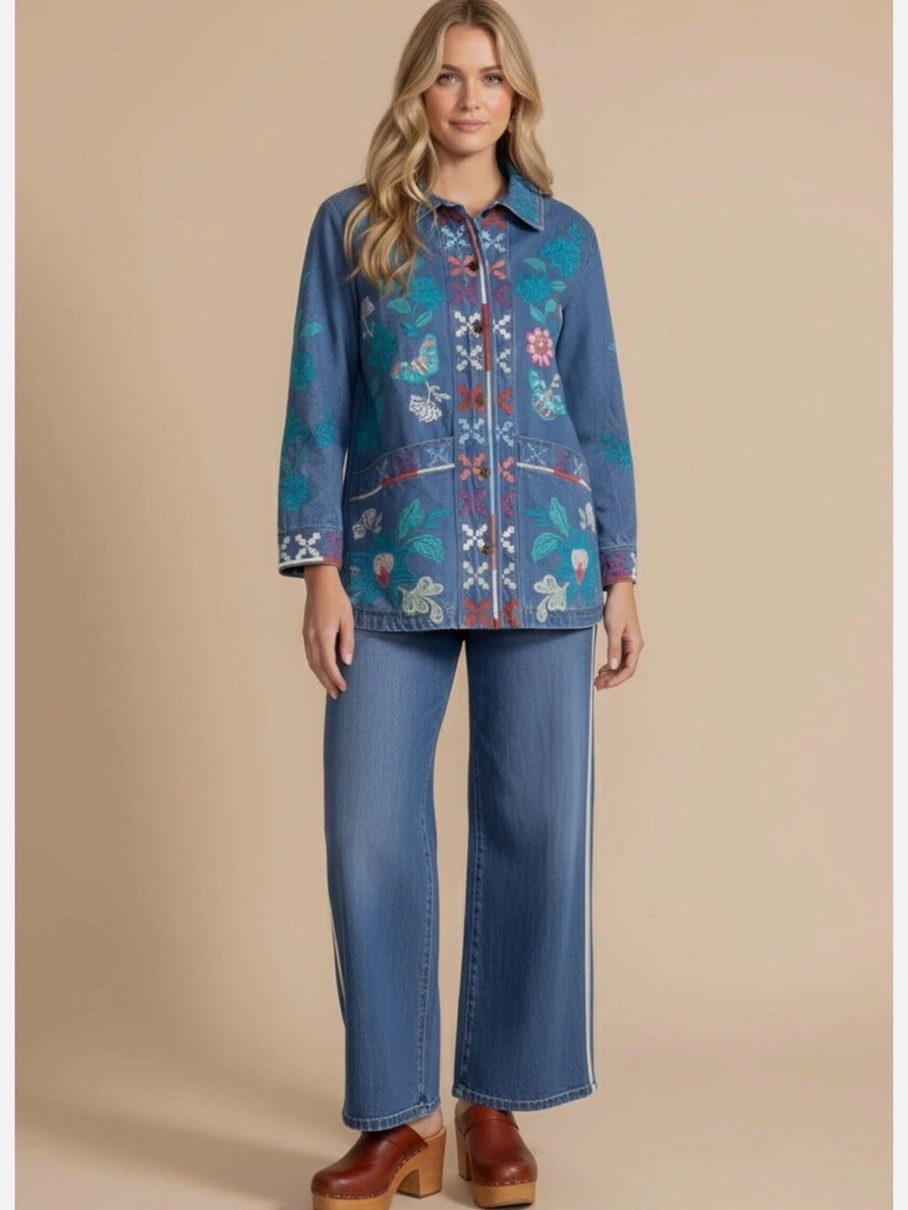 Johnny Was Light Blue Denim Jacket with Turquoise Embroidery